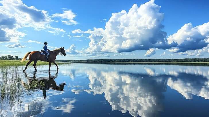 A rider and horse by a tranquil river.