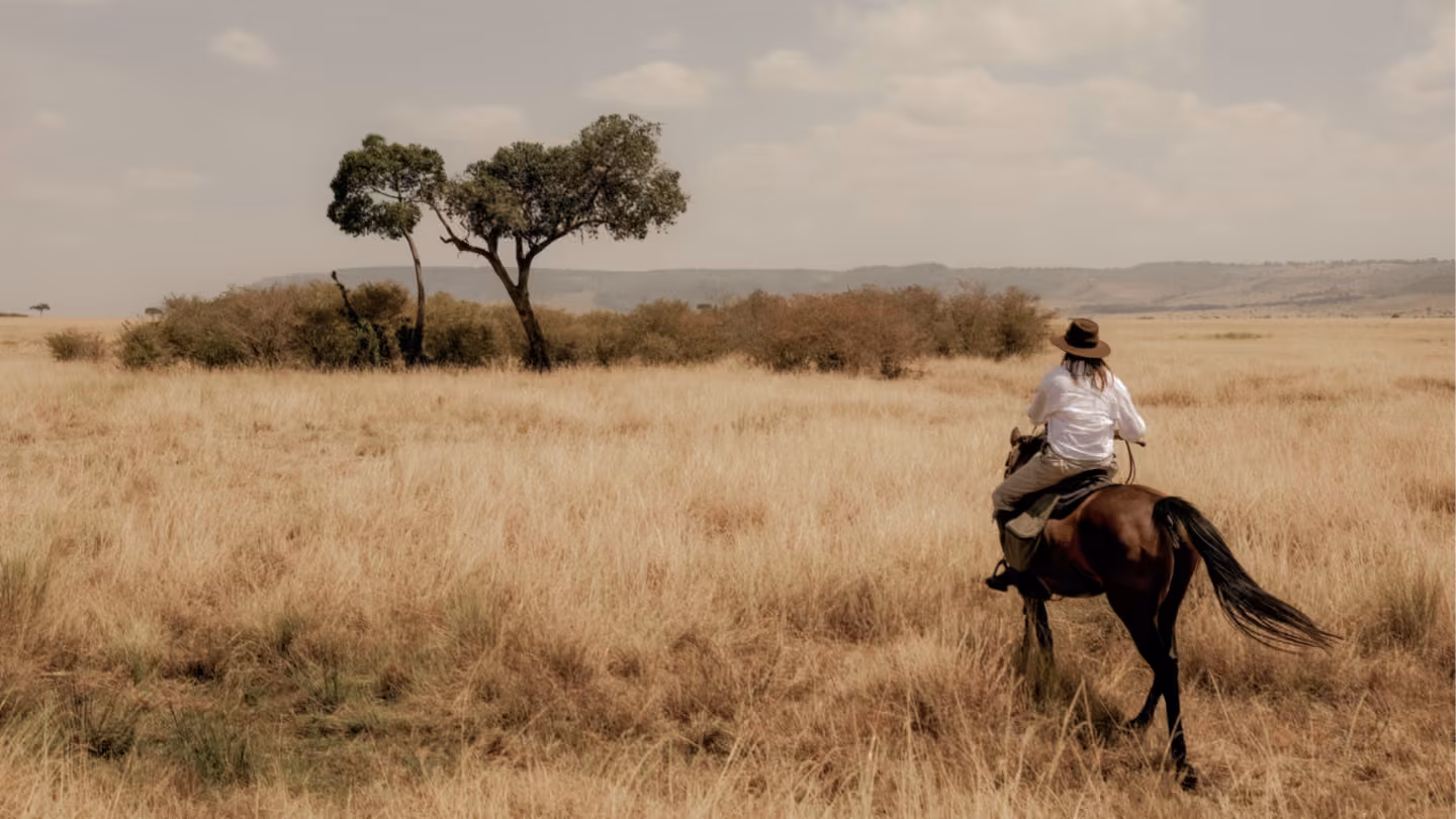 A rider cantering a horse across an open plain.
